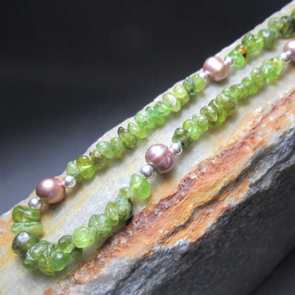 Peridot Pearl Necklace on Sterling Silver Chain, 18” Strand